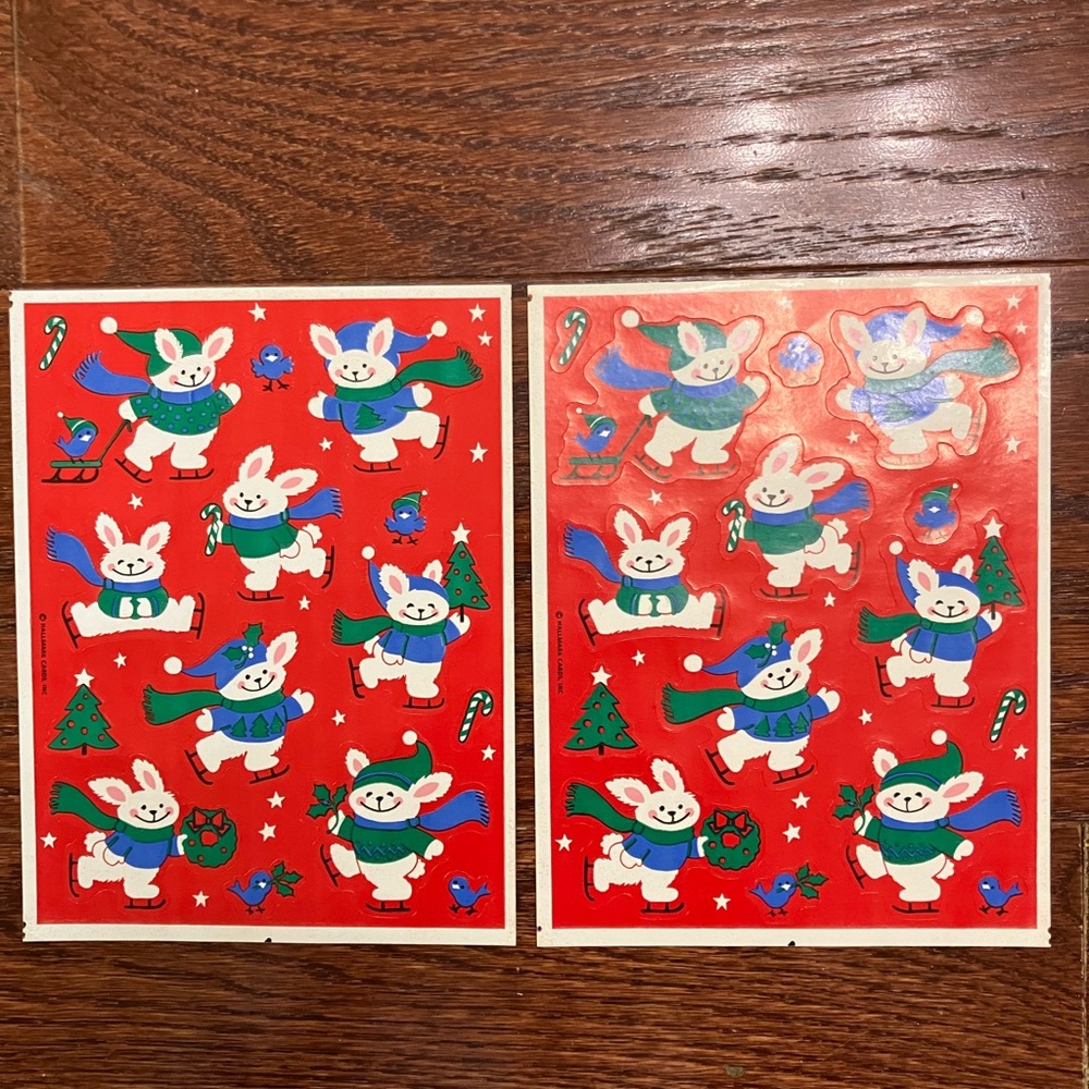 Vintage Hallmark Christmas Bunny Ice Skating Stickers 2 sheets